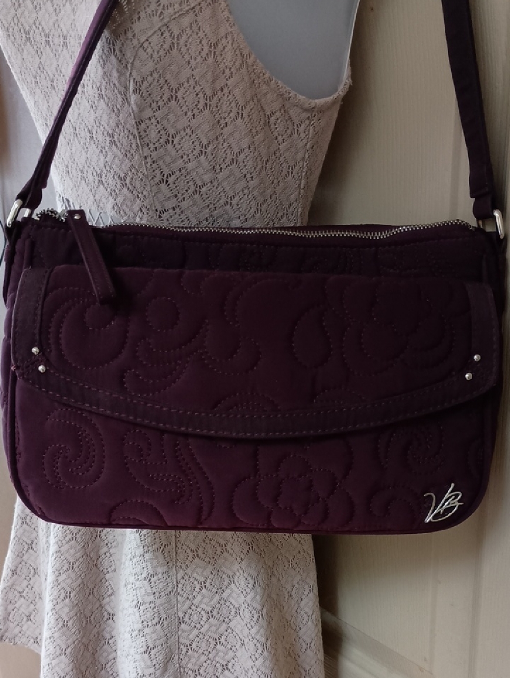 Vera Bradley Deep Plum Quilted With Floral Interior Shoulder Bag EUC